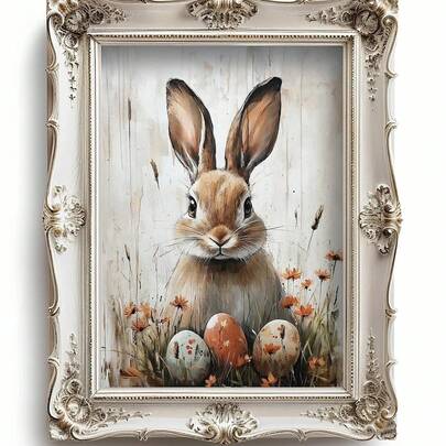 1pc Vintage Bunny And Easter Egg Canvas Wall Mural – Waterproof, Hangable Canvas Painting, Rustic Floral Pattern | Suitable For Home Decor, Room Decoration, Bedroom Decoration, Living Room Decoration, Bathroom Decoration, Wall Decoration, Framed Style Available