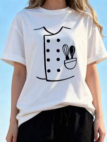 Women's Chef Print T Shirt 180g Heavyweight 100% Chef Coat Style With Chef Hat & Utensils Print (, Spoon, Whisk) Black & White Cooking Uniform, Professional & Casual Chef Team Outfit Gift (Si - White 3 - View 1