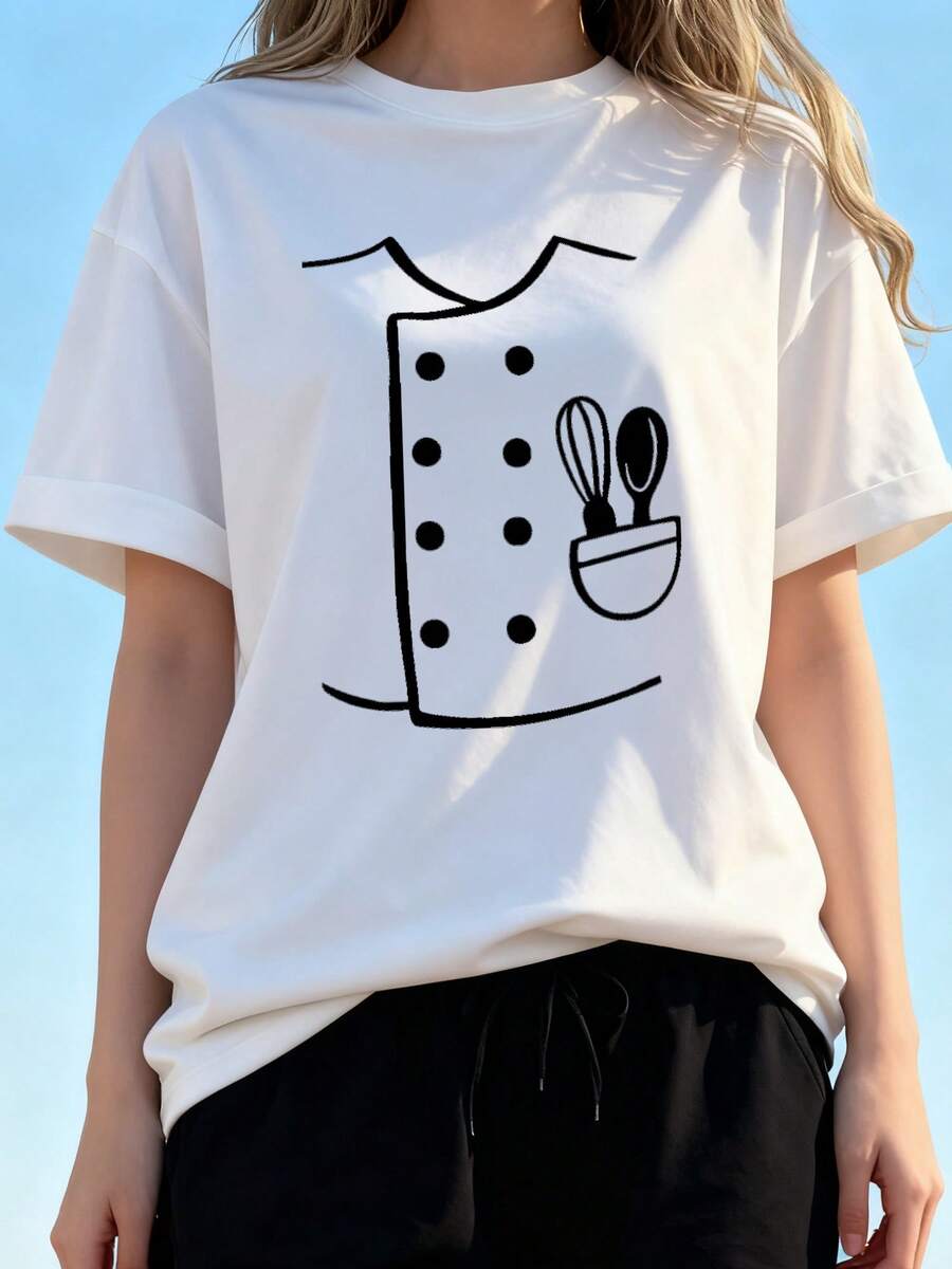 Women's Chef Print T Shirt 180g Heavyweight 100% Chef Coat Style With Chef Hat & Utensils Print (, Spoon, Whisk) Black & White Cooking Uniform, Professional & Casual Chef Team Outfit Gift (Si - White 3 - View 1