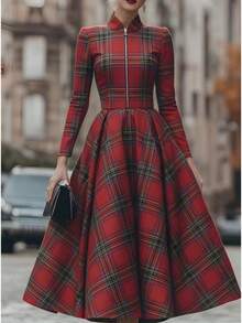 Vestido largo estampado 2026 estilo Occidental | Cuello erguido, manga larga, cremallera, casual elegante - Rojo - Ver 1