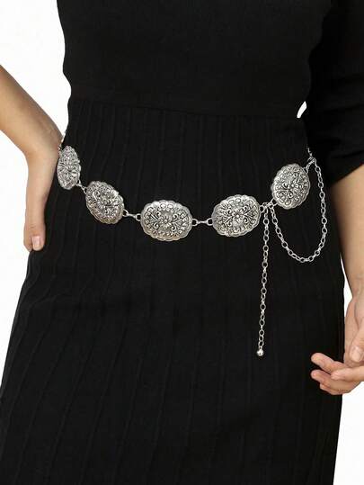 1pc Vintage Floral Print Boho Zinc Alloy Waist Chain, Sexy & Versatile For Women, Fashionable & Elegant, Suitable For Various Outfits, Popular Wedding & Holiday Gift