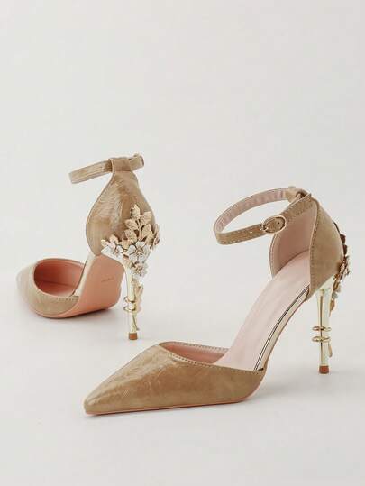 Elegant Women's Pointed Toe Strappy High Heel Sandals, Sexy Metallic Floral Design, Stiletto Heel, Suitable For Wedding And Formal Occasions