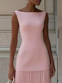 Elegant Boat Neck Maxi Dress Sleeveless Pleated Patchwork Long Gown For Wedding Guest Evening Party Formal Events - Hồng - Xem 2