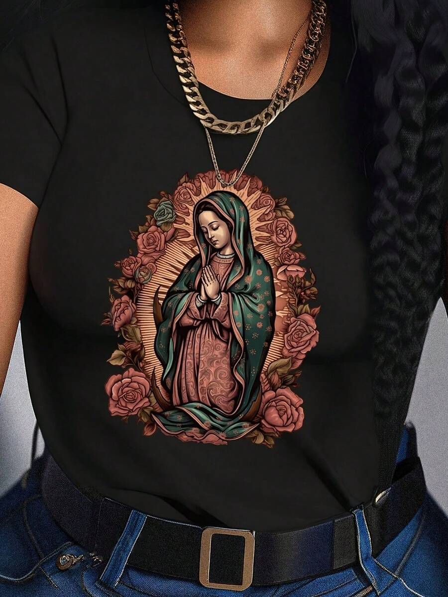 Womens Black Casual T-Shirt With Religious Virgin - Black 3 - View 1