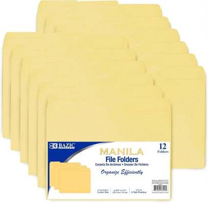 BAZIC Manila File Folder 1\/3 Cut Letter Size, Left Right Center Tabs Positions, For Organizing Filing Document Storage, Total 12-Count