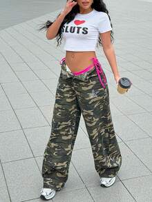 Retro American Camouflage Star Print Straight Leg Wide Jeans - Army Green - View 5