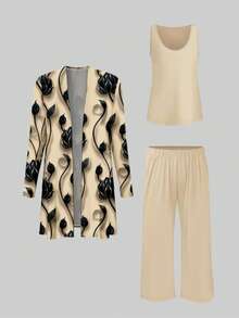 Plus Size Women's Fashionable Printed 3 Pieces Set Spring Elegant - Champagne - View 4