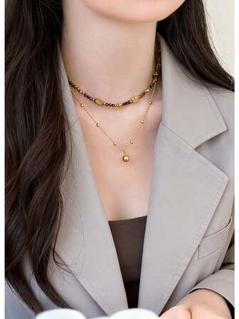 1pc Tiger Eye Beaded Necklace For Women, Autumn/Winter 2026 New Sweater Chain, Natural Stone Vintage Layered Choker Necklace