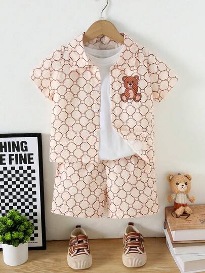 Toddler Boys' Bear Print Set - Soft Short Sleeve Button-Up Shirt & Matching Shorts, Casual Playwear For Spring/Summer (Brown/White), Great For Outdoor Activities