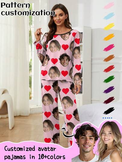 Printstory Customized Women's Pajama Set, Unique Big Head Photo, Couple Face Replacement, Holiday Atmosphere