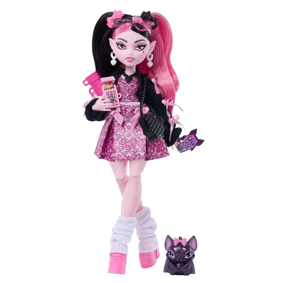 Mattel Monster High 娃娃，德古拉萝拉，身穿粉色蝴蝶结连衣裙和黑色开衫，配有宠物蝙蝠“Count Fabulous”，以及7件配件，包括拉面、口红和手提包。 - Draculaura - 查看 1