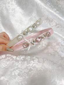 1/2pcs Glittery Geometric Bow Pattern Elegant Court Style Luxury Crystal Satin Foam Bow Crystal Hair Band Hair Accessories Romantic Sweet Girl High Crown Hair Hoop Polyester Fiber Headbands Hairband ,Head Piece Head Accessories