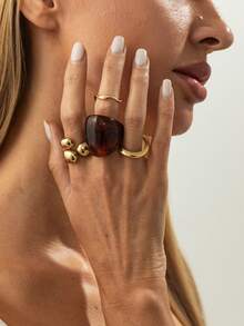 4pcs/Set Bohemian Geometric Asymmetrical Hug Wide Band Fashion Resin Ring Set, Luxurious Casual Party Daily Wedding Holiday Versatile Charm Jewelry Ring Gift For Women - Ring - View 1