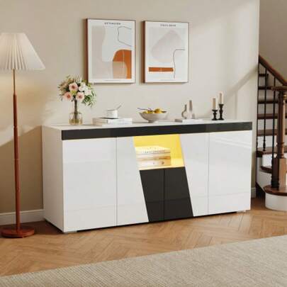 140 X 40 X 65 Cm, Living Room/Dining Room Cabinet, Large Unit With 3 Cabinets And 4 Doors, Beveled Design + Black And White Color Blocks, Modern Chest Of Drawers.