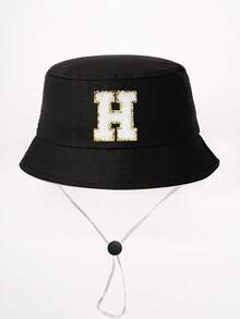 1顶26字母印花儿童渔夫帽+可拆卸防风绳，可调节户外遮阳帽，适合男孩女孩，春秋季旅行、海滩、度假 - 黑色 - 查看 27