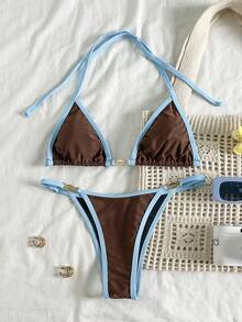 Bộ bikini 2 mảnh gợi cảm, tối giản, thanh lịch, thường ngày, lãng mạn, thích hợp cho kỳ nghỉ hè, đi biển, du lịch, dự tiệc, phối màu, buộc dây cổ. - Nhiều màu - Xem 2