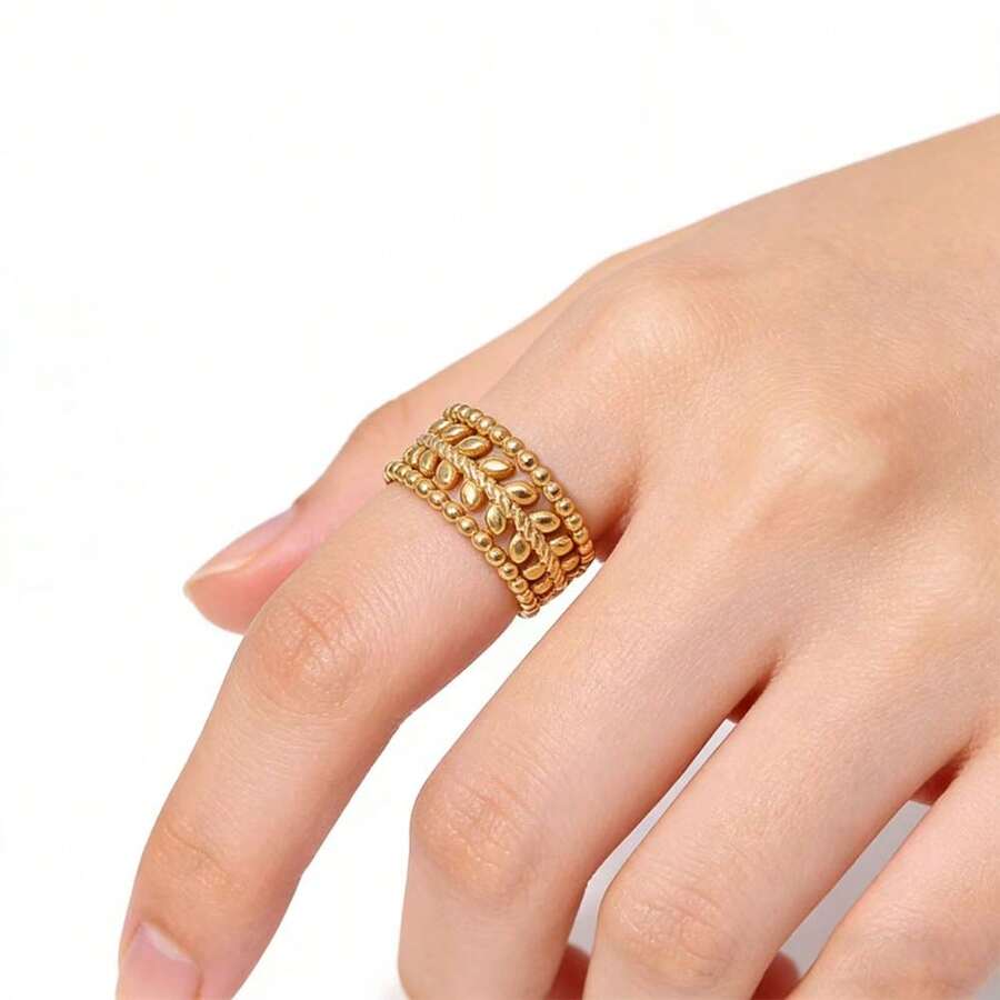 1pc Elegant Wheat Ear & Leaf Stainless Steel Gold-Plated Open Ring, Everyday Wear & Valentine's Day Gift For Women - As Shown - View 1