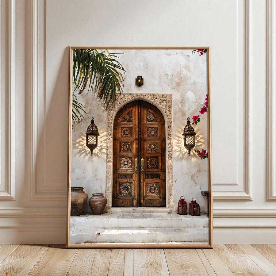 1pc Framed/Unframed Islamic Mosque Canvas Poster Boho Muslim Architecture Moroccan Door Wall Art Print Ramadan Decor Mediterranean Religious Painting For Apartment,Living Room,Bedroom,Modern Home Decoration - Multicolor - View 1