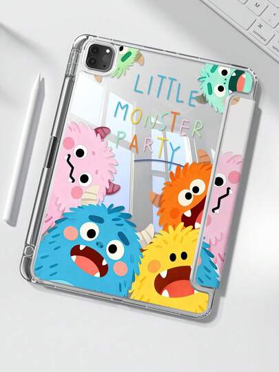 一款可爱的卡通怪兽字母图案双面亚克力透明水晶后盖，防震，适用于iPad 7、8、10代（10.2英寸），内置笔槽，支持睡眠/唤醒功能，是理想的圣诞节和新年礼物。