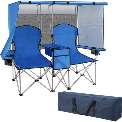 Silla de camping con doble toldo y sombra, Sillas plegables con portavasos, Bolsa de organización para camping, playa, deportes, césped, patio exterior (Azul)