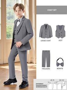 Bộ vest 4 món cho bé trai: Áo khoác + Áo vest + Quần + Phụ kiện phù hợp, Trang phục trang trọng quý ông cao cấp cho trẻ em - Xám - Xem 3