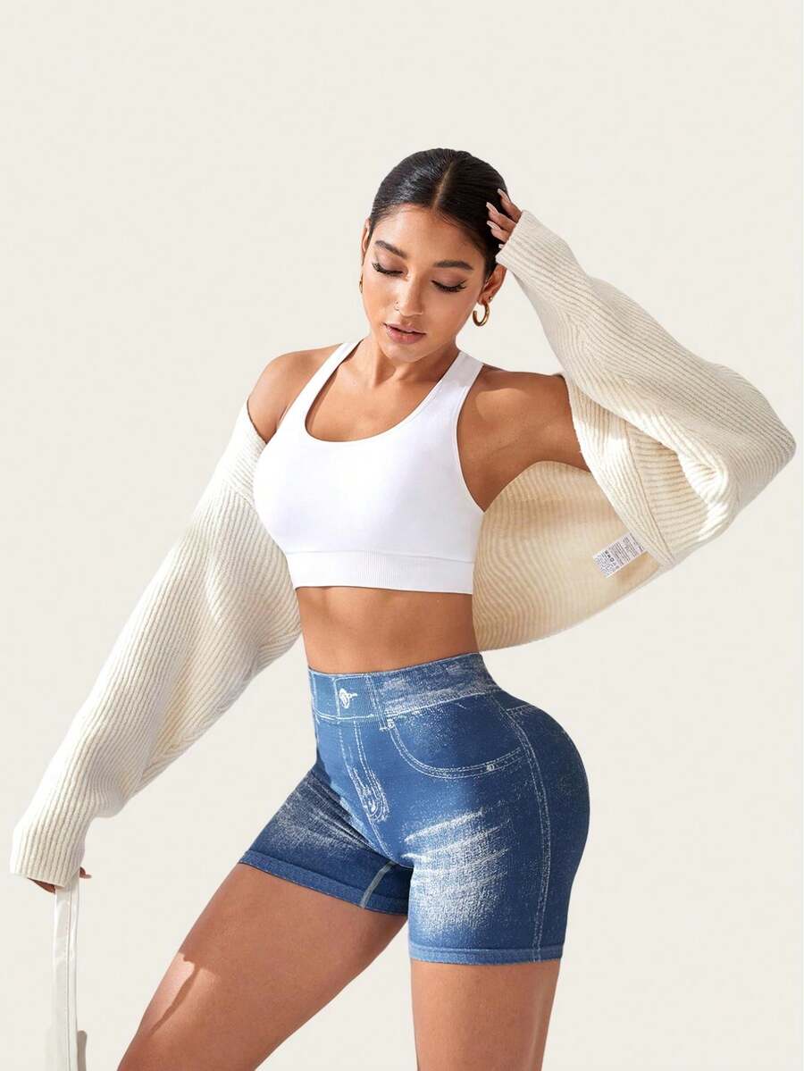 Women's Faux Jean Style Seamless Yoga Shorts, High Elastic V Waist Fitness Shorts For Workout - Blue - View 1