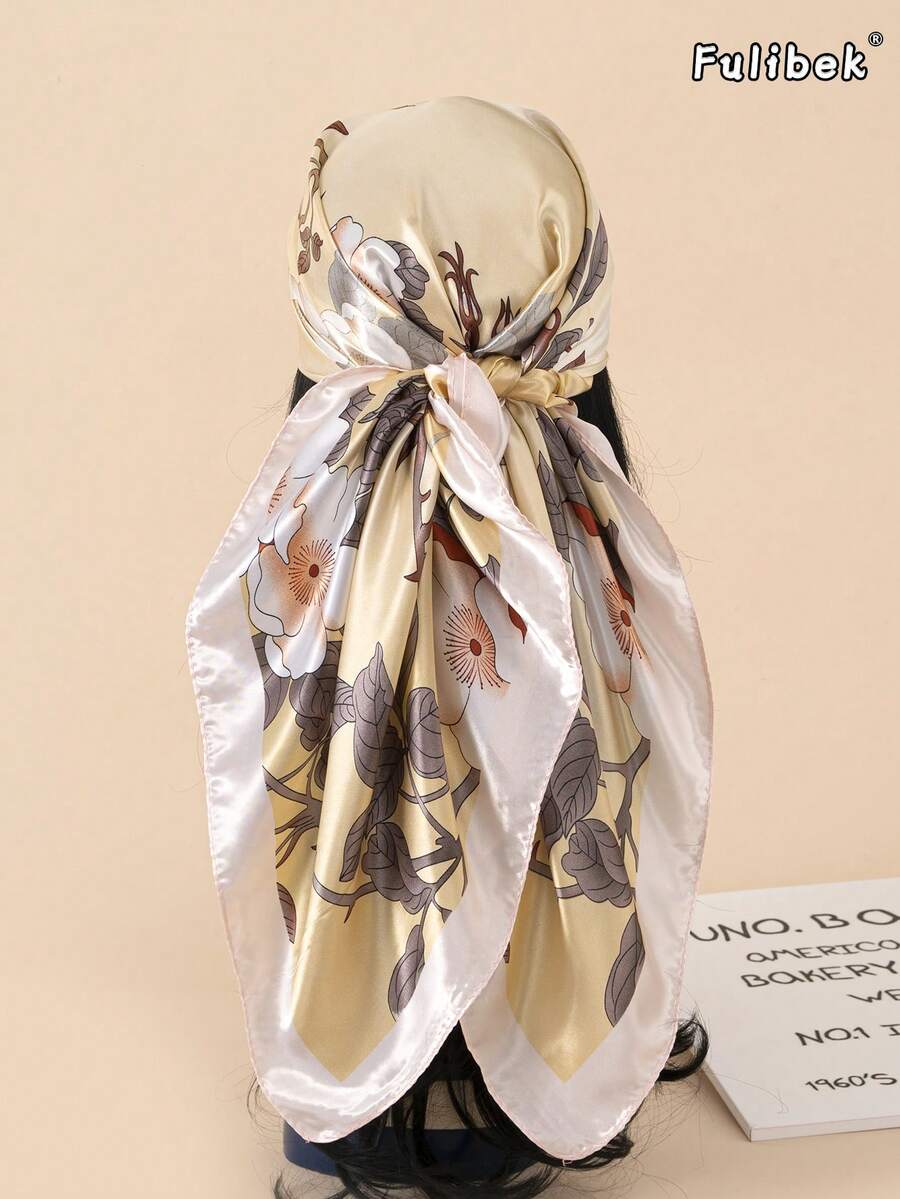 1条90厘米印花真丝围巾/头巾，女士时尚配饰围巾，适合海滩、日常生活，为您的造型增添亮点，四季皆宜 - 米色 - 查看 1