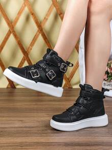Street-Style Buckle High-Top Casual Shoes, Versatile And Stylish Ankle Boots With Both Texture And Personalized, Women's Boots For 2026 Punk Fashion Outfits, Gothic Shoes With Dark Embossed Uppers - Black - View 5