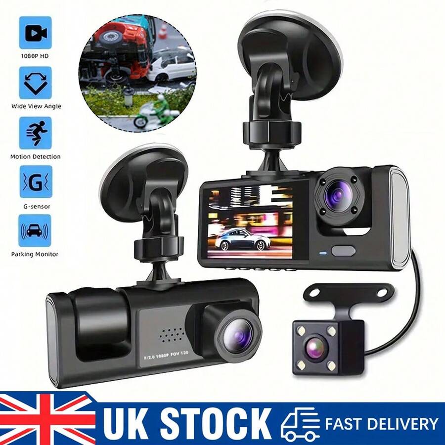 3-Camera Dash Cam For Cars, Driving Recorder, Front And Rear 1080P Full HD, 5GHz Dash Cams In Car Camera Three Lens Dashcams For Cars Front+Cabin+Rear Night Vision, 170°Wide Angle, Loop Recording,Car Accessory Dash Cam With Reversing Image Parking - A - Ver 1