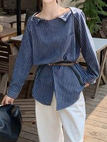 女士露肩条纹上衣，长袖，独特设计，开衩下摆，春秋季（随机条纹图案） - 藍色 - 查看 3