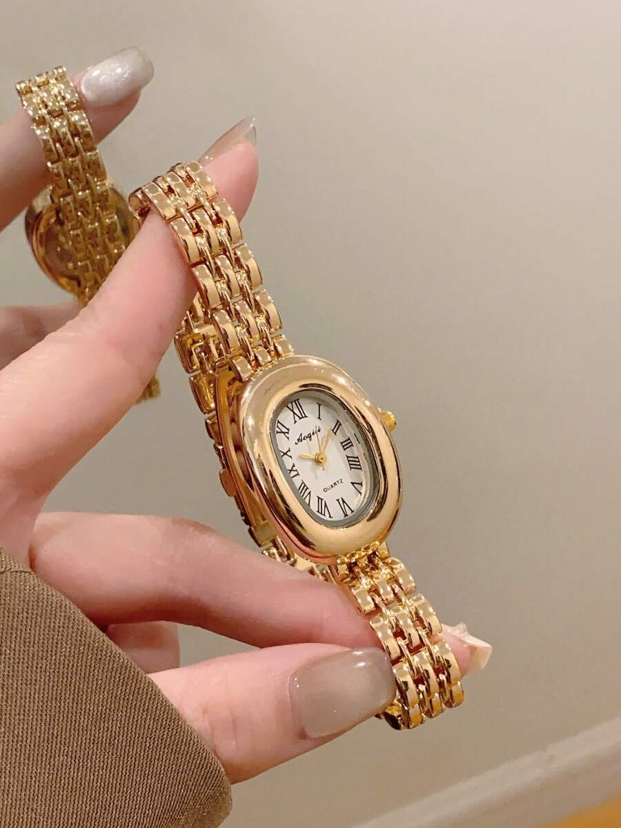 1件復古銀色不鏽鋼方形小錶盤時尚極簡優雅奢華小巧石英女款腕錶,適合日常配戴 - 金色 - 查看 1