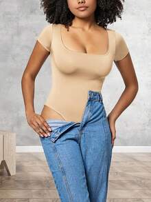 Women's Square Neck One-Piece Top Slim Fit Short Sleeve Bodysuit Seamless Leotard For Daily Comfort And Layering - Màu be - Xem 2