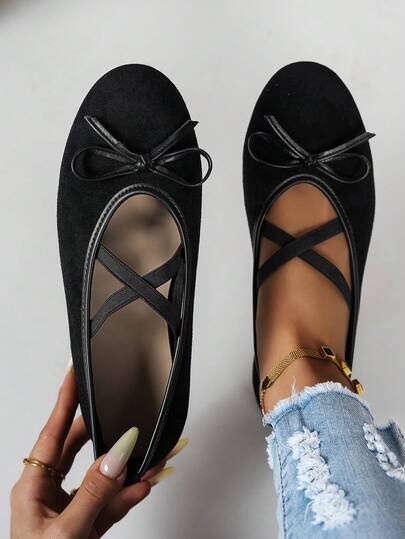 Women's Minimalist Black Suede Versatile Elegant Commuter Ballet Shoes With Criss-Cross Strap And Bowknot Decoration, Slip-On