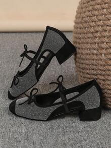 方头粗跟一脚蹬鞋，百搭蝴蝶结装饰鞋，时尚乐福鞋，黑色高跟鞋，尺码偏大一码，尺码 35-43 - 黑滿天星中空(雙蝴蝶結) - 查看 5