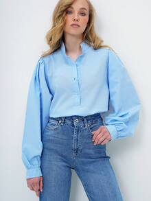 Elegant Casual Women Long Sleeve Stand Collar Button Down Shirt Blouse - Blue - View 5