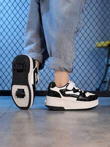 LOUN 1双儿童可调节双轮溜冰鞋，时尚运动鞋 - 黑與白 - 查看 2