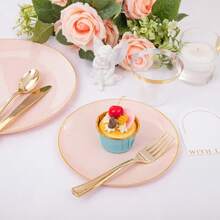 50Pcs Pink & Gold Plastic Dinnerware Set - Elegant Disposable Plates With Gold Trim, Includes 10 Gold Plastic Forks, Knives & Spoons, 10 Heavy-Duty 10.25" Dinner Plates & 10 7.5" Dessert Plates - Perfect For Weddings, Parties, Holidays & Family Gatherings - 彩色 - 查看 6