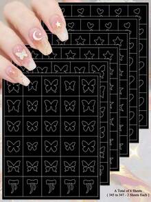3/6张极简黑色线条美甲贴纸，白色轮廓心形星星蝴蝶花朵图案，适用于DIY美甲美甲用品 - 彩色 - 查看 11