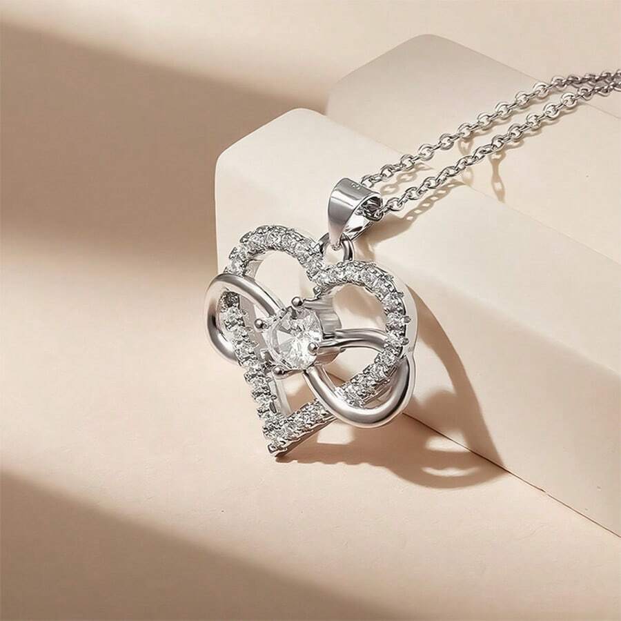 1pc Fashionable Women's Pendant Necklace, Featuring Luxurious & Elegant Design With Sparkling Heart-Shaped Cubic Zirconia Pendant, Made Of 925 Sterling Silver, 3g Weight, Suitable For Daily Wear, Dates, Commuting Or Valentine's Day Gift - White Gold - View 1