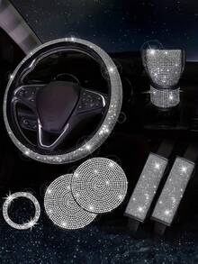 7件套汽车配件套装,女士汽车配件,亮面方向盘套,亮面汽车杯垫,亮面套装,安全带肩垫,圆形Logo贴纸,换挡杆套 - 款式A - 查看 14