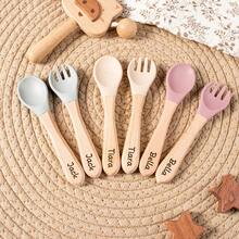 Customized Text Logo Fork & Spoon Set, Silicone Utensils With Wooden Handles, Personalized Name Engraved, Vibrant Colors Suitable For Young People, Durable Cutlery - Multicolor - View 2