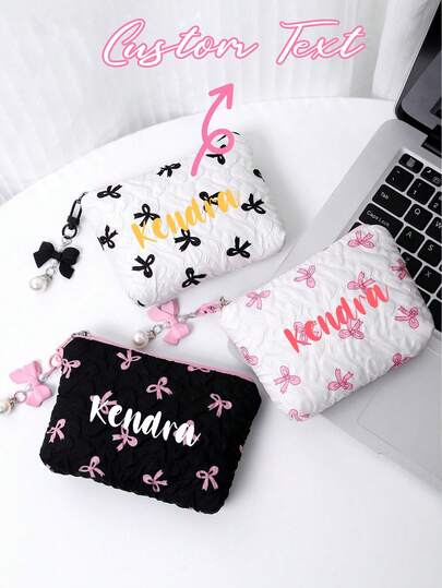 1pc Customized Name & Bow Design Toiletry Bag, Makeup Bag, Travel Skincare Organizer, Large Capacity Storage Pouch, Suitable For Daily Use Or Travel, Makeup Bag, Cosmetic Organizer, Party Gift, Bridesmaid Gift, Valentine's Day Gift, Perfect Gift For Her