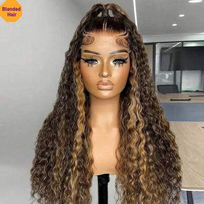 Highlight Deep Wave Wig 13x4 13x6 Transparent Lace Front Wig Ready To Go 4x4 5x5 Pre Cut No Glue Lace Closure Wigs 180% Density Honey Blonde Deep Curly Texture Pre Plucked Pre Bleached Bye Bye Knots Short Bob Curly Hair Heat Resistant Synthetic Mixed With Human Blended Hair Wig With Baby Hair Ombre Colored 4/27# Pre-Cut Glueless Lace Is Available For 4*4 5x5