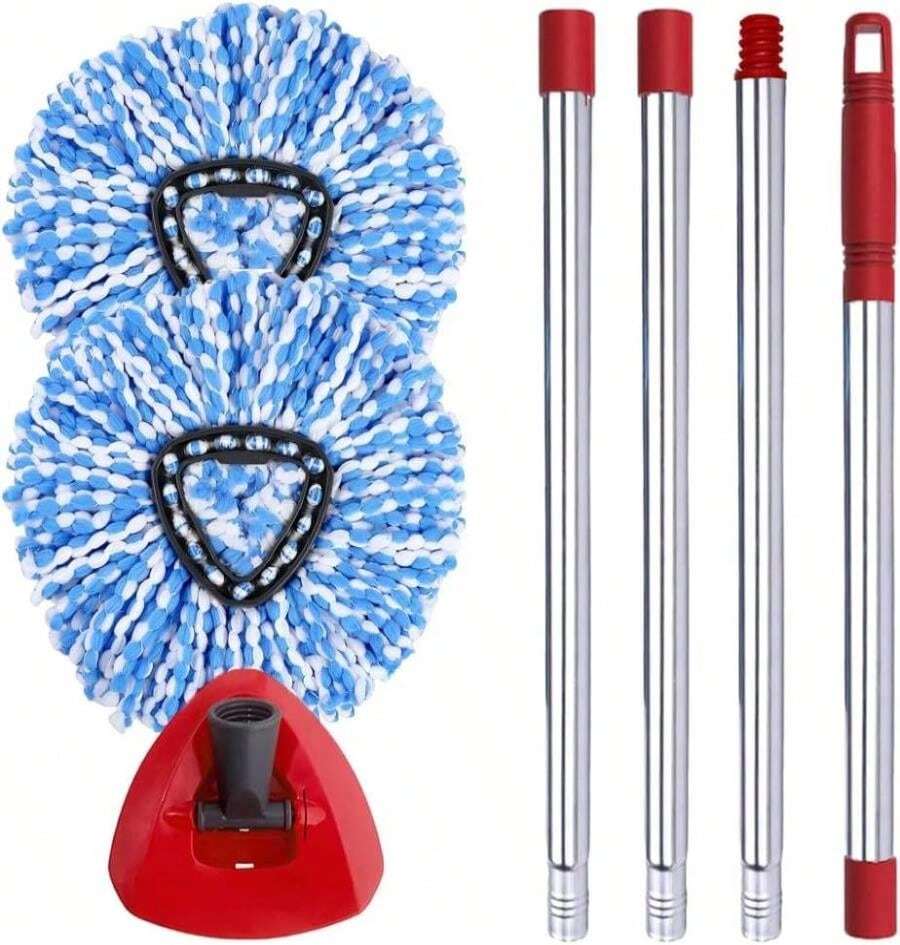 ANREKEYH Spin Mop Head, Base, Handle Replacement For O-Ceda EasyWring RinseClean Microfiber Spin Mops, 2 Microfiber Mop Refills, 1 Triangle Head Cover And 30-58in Handle (Blue (2-Tank System)) - ColorA - 查看 1