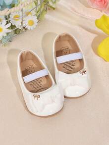 1 Pair Infant/Toddler Girls' Solid Color Bow Elastic Band Rubber Sole Non-Slip Soft Bottom Walking Shoes, Simple & Elegant Princess Style, Suitable For Spring/Autumn - White - View 4