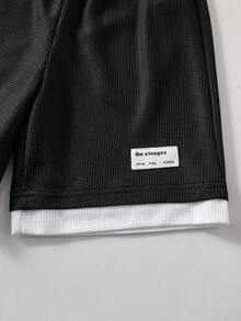 Set de 2 piezas de ropa deportiva casual para niños, conjunto de camiseta de manga corta con capucha y pantalones cortos con diseño de parche de waffle, para primavera/verano - Negro - Ver 4