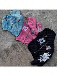 New European Station Casual Zipper Sweater American  Letter Embroidery Printed Sweater Cardigan Hoodie - Blue - View 2
