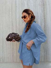 SV Women's Linen Set With Basic Blouse And Casual Shorts - Summer - 藍Blue - 查看 5