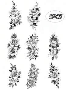 8 Sheets Temporary Tattoos Flowers Sexy Tattoos Black Realistic Rose Tattoo Stickers For Women Adult Fake Tattoos Body Art Arm Neck Sketch Realistic Floral Temp Tattoos For Party Daily Makeup - Black - View 3