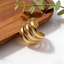 1pc Minimalist Triple Circle Line Stainless Steel Gold Plated Adjustable Ring, Everyday Wear, Valentine's Day Gift - As Shown - View 1
